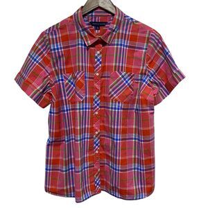 Tommy Hilfiger Blouse Women 14 Red Plaid Short Sleeve Button Front Cotton Preppy